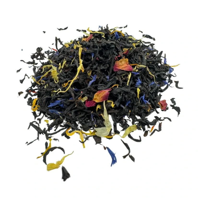Čierny čaj Earl Grey Rainbow – farebná cesta chutí s ružou, nechtíkom, chrpou a šafranom