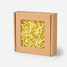 Dárková papírová krabička s okénkem a žlutou výplní 200 × 200 × 50 mm