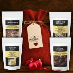 Vánoční dárkový pytel Haniell – červený balíček s kávami Kokosové pralinky, Vaječný likér, Oříškový krém a Mandle v čokoládě