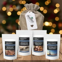 Darčeková sada bezkofeínovej kávy 4×50 g – jemná 100% arabica v jutovom vrecúšku