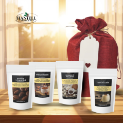 Darčekové vrecúško plné kávy – elegantná sada 4× instantná káva 25g Kokosové pralinky, Vaječný likér, Orieškový krém a Mandle v čokoláde