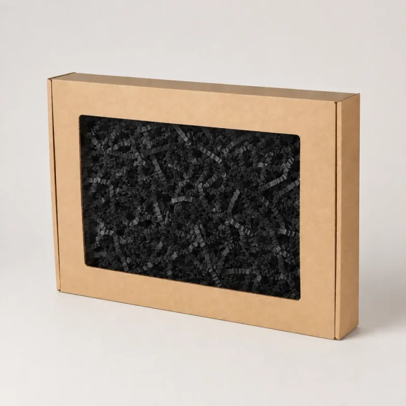 Dárková krabička s okénkem a černou výplní 350 × 250 × 50 mm