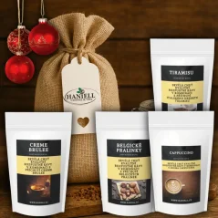 Vánoční dárkový pytel s kávou – přírodní balení Haniell s příchutěmi Crème Brûlée, Belgické pralinky, Tiramisu a Cappuccino