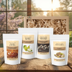 Dárková sada kávy Haniell speciál – Sladká hruška, Slaný karamel, Pistácie, Kokosové pralinky (4×100 g)