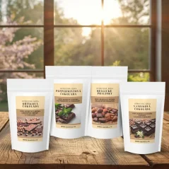 Degustační sada kávy Čokoládová – Vanilková, Oříšková, Belgické pralinky, Peppermintová (4×100 g)