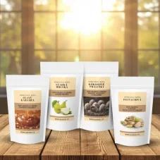 Degustačná sada kávy Haniell špeciál – Sladká hruška, Slaný karamel, Pistácie, Kokosové pralinky (4×100 g)
