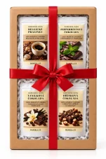 Dárková sada kávy Čokoládová – Vanilková, Oříšková, Belgické pralinky, Peppermintová (4×100 g)