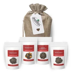 Dárková sada čajů Puerh – čtyři chutě v jutovém pytlíku Višně v rumu, Jahody se smetanou, Dotyk Anděla a Červený drak