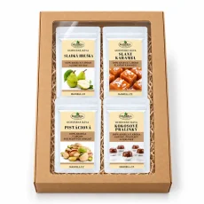Dárková sada kávy Haniell speciál – Sladká hruška, Slaný karamel, Pistácie, Kokosové pralinky (4×100 g)