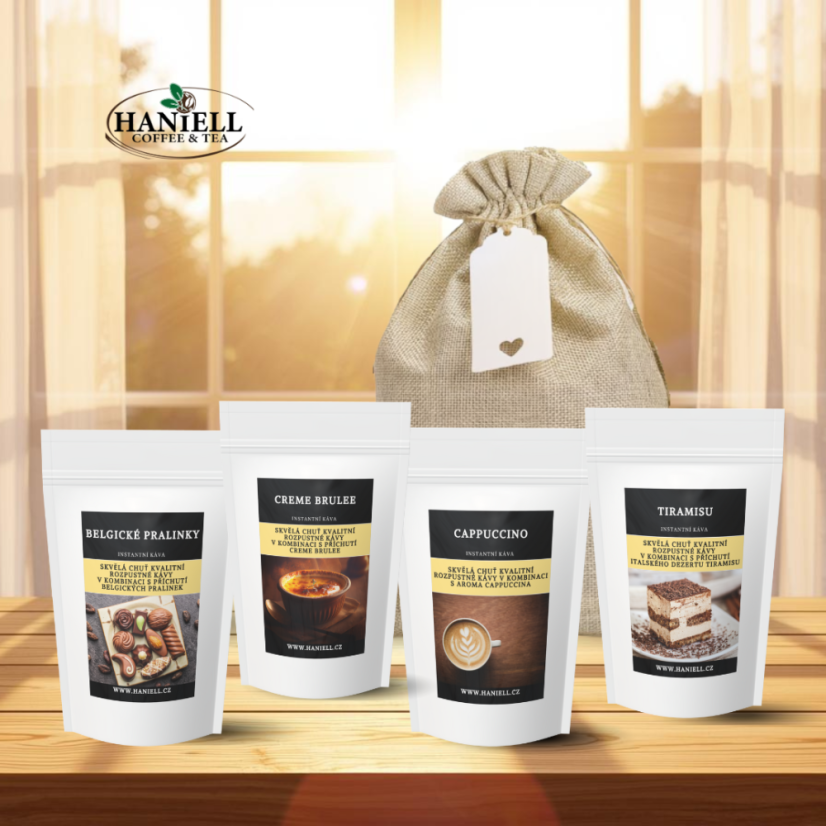 Dárkový pytel radosti – přírodní sada 4× rozpustná káva 25g Belgické pralinky, Crème brûlée, Tiramisu a Cappuccino.