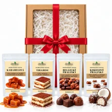 Dárková sada ochucených káv 4×100 g – Karamel, Tiramisu, Belgické pralinky, Kokosové pralinky