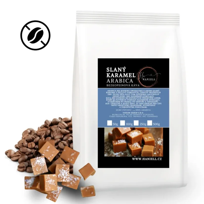 Káva Slaný karamel bezkofeinová arabica zrnková – jemná a sladko-slaná chuť bez kofeinu