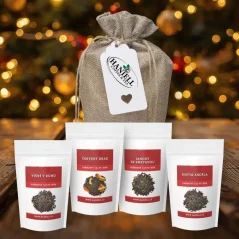 Dárková sada čajů Puerh – čtyři chutě v jutovém pytlíku Višně v rumu, Jahody se smetanou, Dotyk Anděla a Červený drak