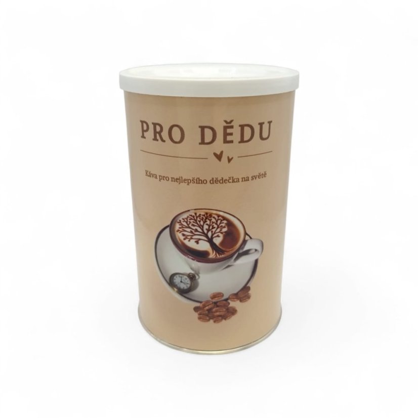 Darčeková káva pre Dedka v béžovom tubuse Haniell s motívom šálky kávy a kávových zŕn na bielom pozadí