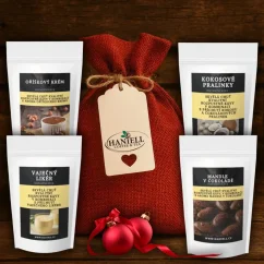 Vánoční dárkový pytel Haniell – červený balíček s kávami Kokosové pralinky, Vaječný likér, Oříškový krém a Mandle v čokoládě Vánoční dárkový pytel Haniell – červený balíček s kávami Kokosové pralinky, Vaječný likér, Oříškový krém a Mandle v čokoládě