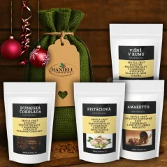 Vánoční dárková sada Haniell – zelený pytel s 4 kávami: Višně v rumu, Amaretto, Pistácie, Dubajská čokoláda