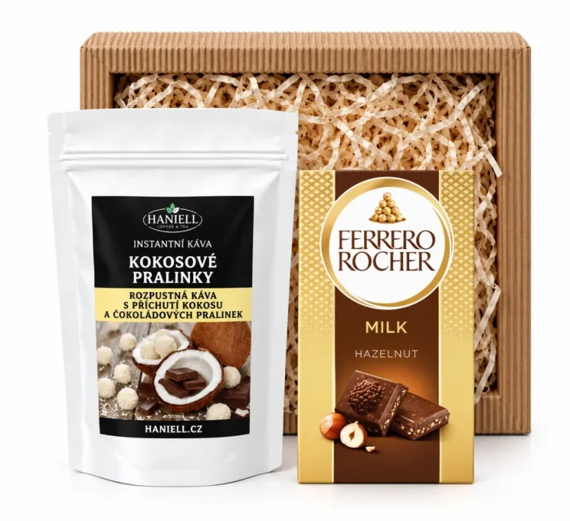 Dárková sada – Rozpustná káva Kokosové pralinky a čokoláda Ferrero Rocher