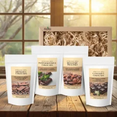 Dárková sada kávy Čokoládová – Vanilková, Oříšková, Belgické pralinky, Peppermintová (4×100 g)