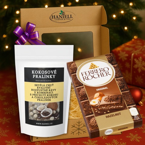 Dárková sada – Rozpustná káva Kokosové pralinky a čokoláda Ferrero Rocher, vánoční balení Haniell