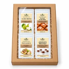 Dárková sada kávy Haniell speciál – Sladká hruška, Slaný karamel, Pistácie, Kokosové pralinky (4×100 g)