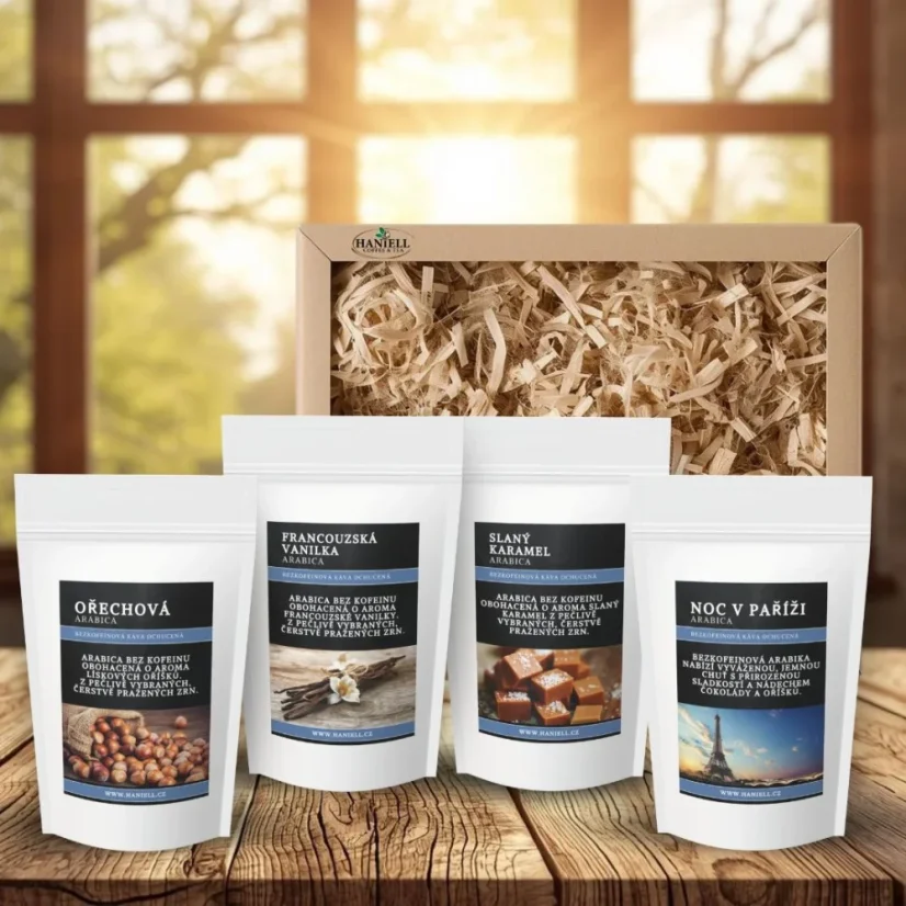 Darčeková sada bezkofeínovej kávy 4×50 g – jemná 100% arabica
