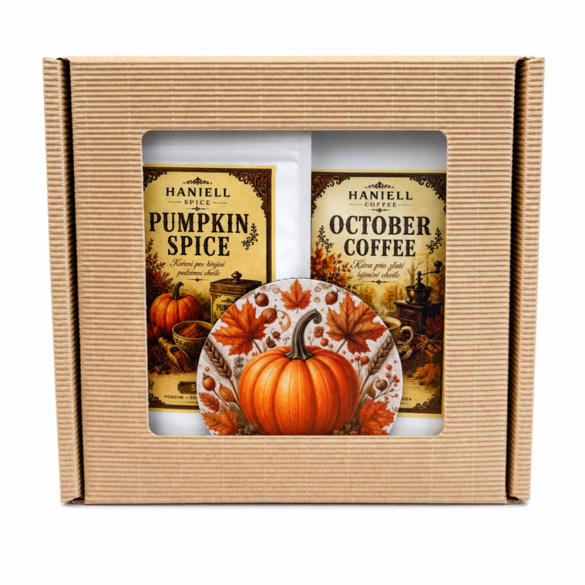 Dárková sada October Coffee – káva,koření  Pumpkin Spice a dýňový podtácek