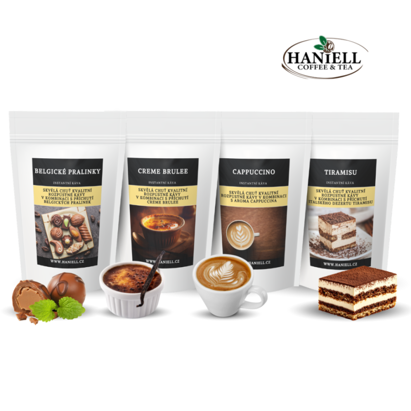 Darčekové vrecúško radosti – prírodná sada 4× instantná káva 25 Belgické pralinky, Crème brûlée, Tiramisu a Cappuccinog