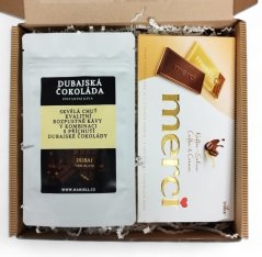 Darčeková sada rozpustnej kávy Dubajská čokoláda a čokolády Merci v krabičke