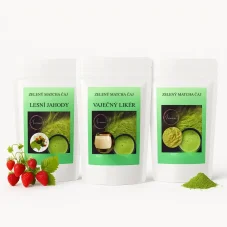 Vianočná darčeková sada Haniell Matcha Trio – ochutené čaje: sladká jahoda, krémový likér, čistá energia