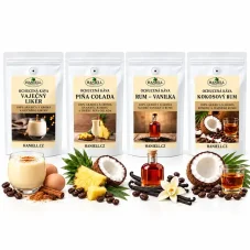 Degustačná sada kávy Likérová – Piña Colada, Rum-Vanilka, Kokosový rum Malibu, Vaječný likér (4×100 g)