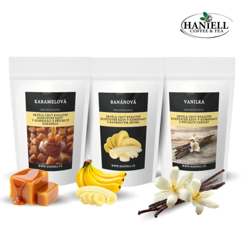 Sada rozpustných káv Dezertní trio – banánová, vanilka a karamel (3×25 g)