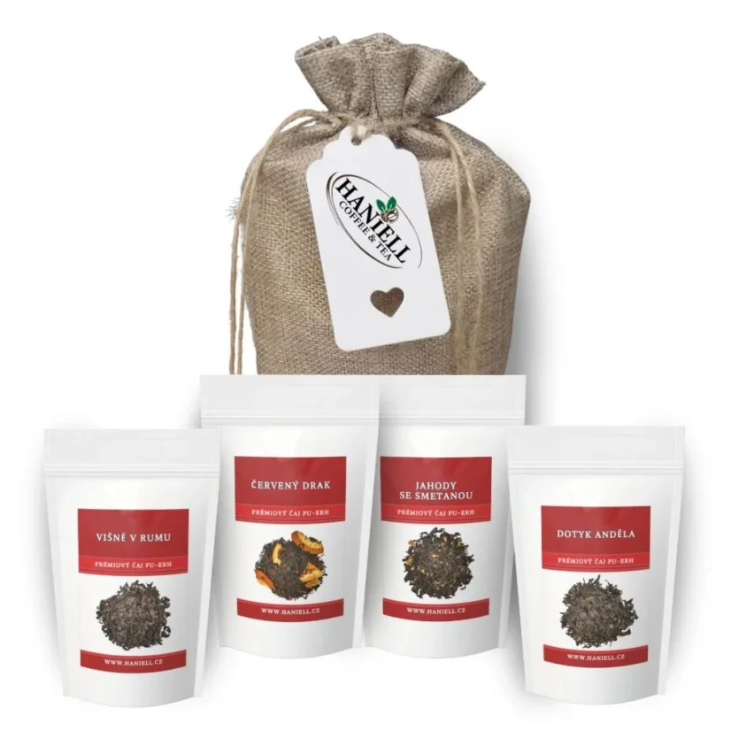 Dárková sada čajů Puerh – čtyři chutě v jutovém pytlíku Višně v rumu, Jahody se smetanou, Dotyk Anděla a Červený drak