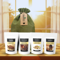 Sada čtyř rozpustných  ochucených  káv v zeleném jutovém pytlíku