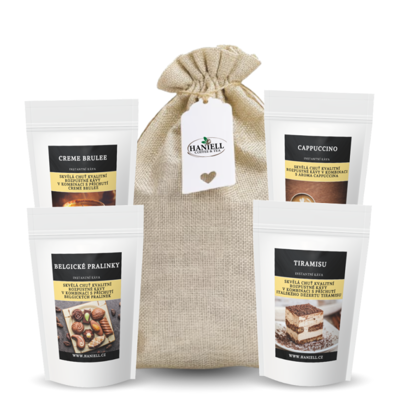 Darčekové vrecúško radosti – prírodná sada 4× instantná káva 25 Belgické pralinky, Crème brûlée, Tiramisu a Cappuccinog