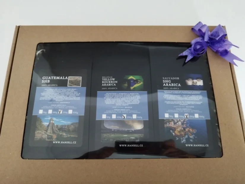 Káva Arabica – 3 druhy výběrové zrnkové kávy v dárkovém balení-Honduras SHG, Guatemala SHB a Yellow Bourbon