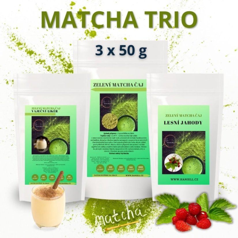 Darčeková sada čajov Haniell Matcha Trio – sladká jahoda, krémový likér a čistá energia 