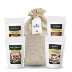 Darčekové vrecúško radosti – prírodná sada 4× instantná káva 25 Belgické pralinky, Crème brûlée, Tiramisu a Cappuccinog