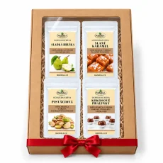 Dárková sada kávy Haniell speciál – Sladká hruška, Slaný karamel, Pistácie, Kokosové pralinky (4×100 g)