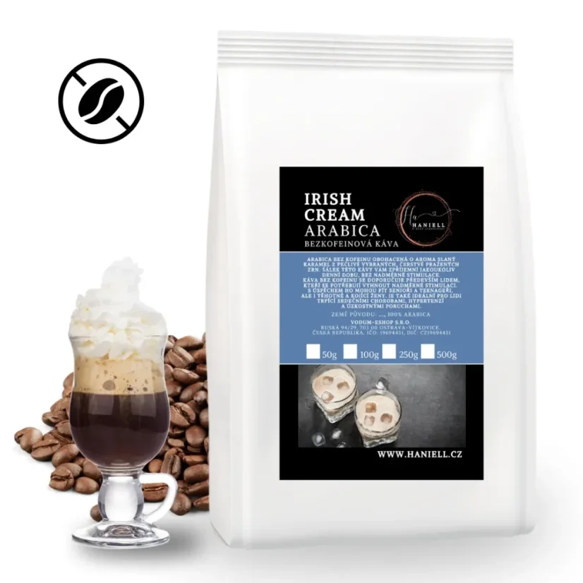 Káva Irish Cream bezkofeinová arabica zrnková – krémový dezert bez kofeinu
