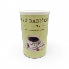 Dárková káva pro Babičku v béžovém tubusu Haniell s motivem šálku kávy a kávových zrn na bílém pozadí