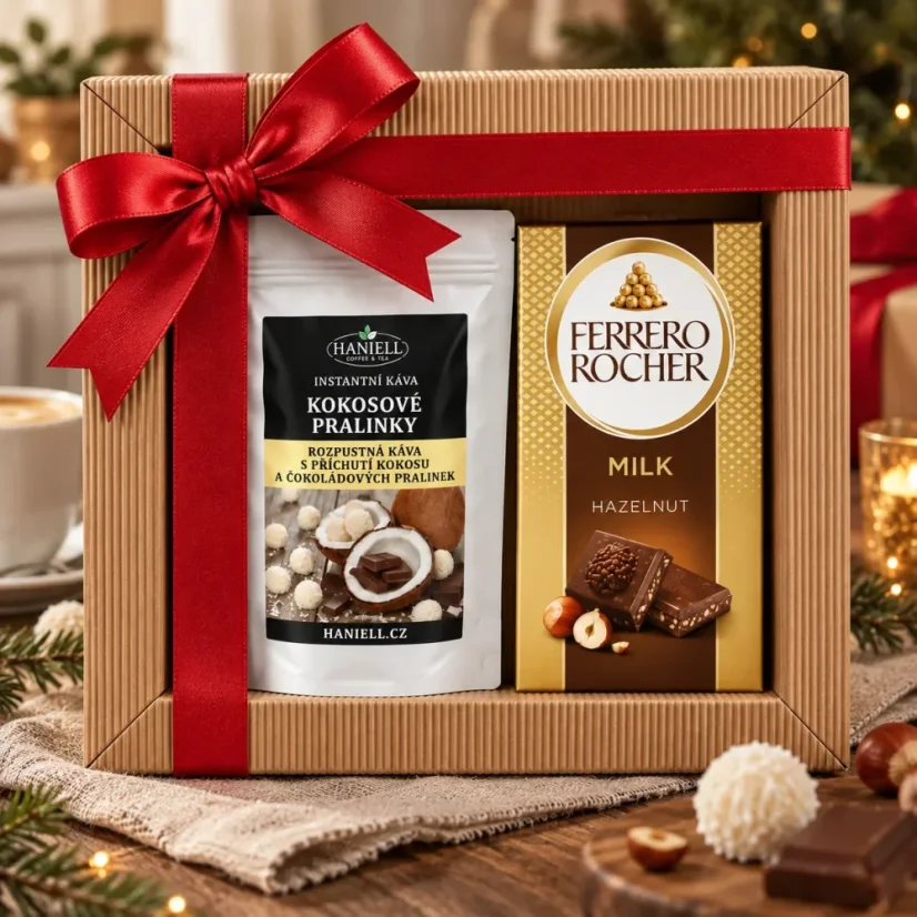 Dárková sada – Rozpustná káva Kokosové pralinky a čokoláda Ferrero Rocher