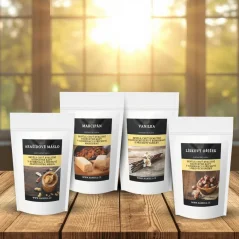 Degustační sada rozpustné kávy Ořechové pokušení – Arašídové máslo, Marcipán, Lískový oříšek, Vanilka (4×70 g)