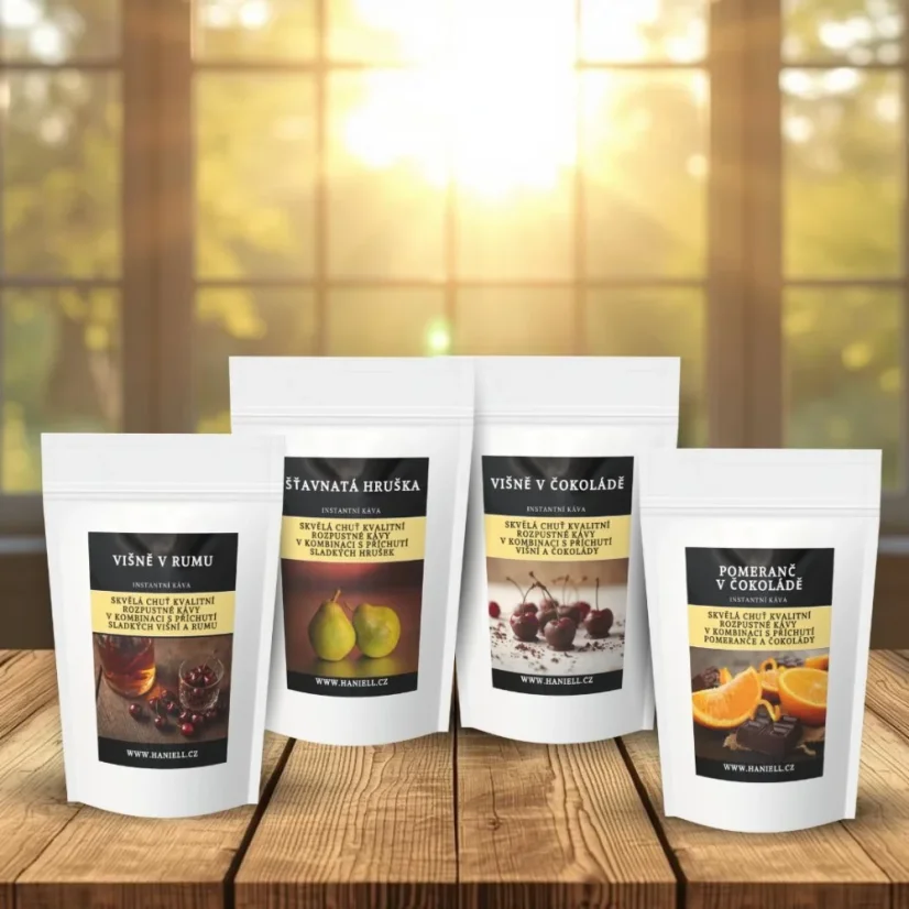 Degustačná sada rozpustnej kávy Ovocná – Pomaranč v čokoláde, Šťavnatá hruška, Višne v rume, Višne v čokoláde (4×70 g)