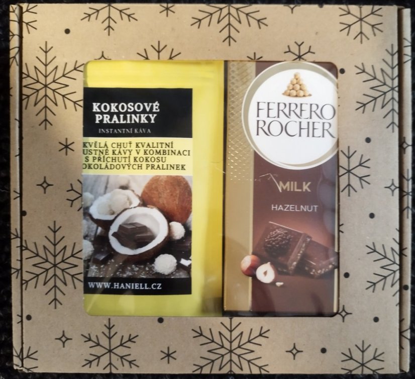 Dárkové balení kávy a čokolády – Kokosové pralinky a Ferrero Rocher, ideální vánoční dárek
