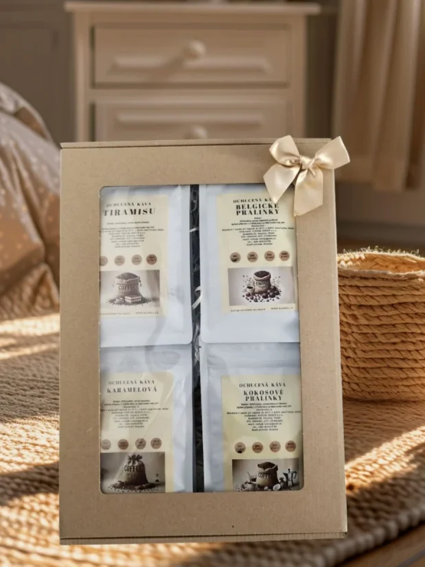 Vianočná darčeková sada Haniell – ochutené kávy 4×100 g, Karamel, Tiramisu, Belgické pralinky, Kokosové pralinky