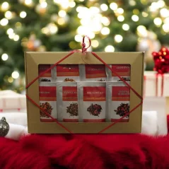 Darčeková sada ovocných čajov – 8× 25 g v krabičke s okienkom a červenou stuhou