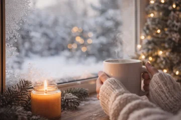Pokojne vianocne zastavenie pri salke horucej kavy alebo caju pri okne so snehom Pokojne vianocne zastavenie pri salke horucej kavy alebo caju pri okne so snehom