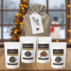 Darčeková sada čiernych čajov – Vianočné chute v jutovom vrecúšku (4×25 g)