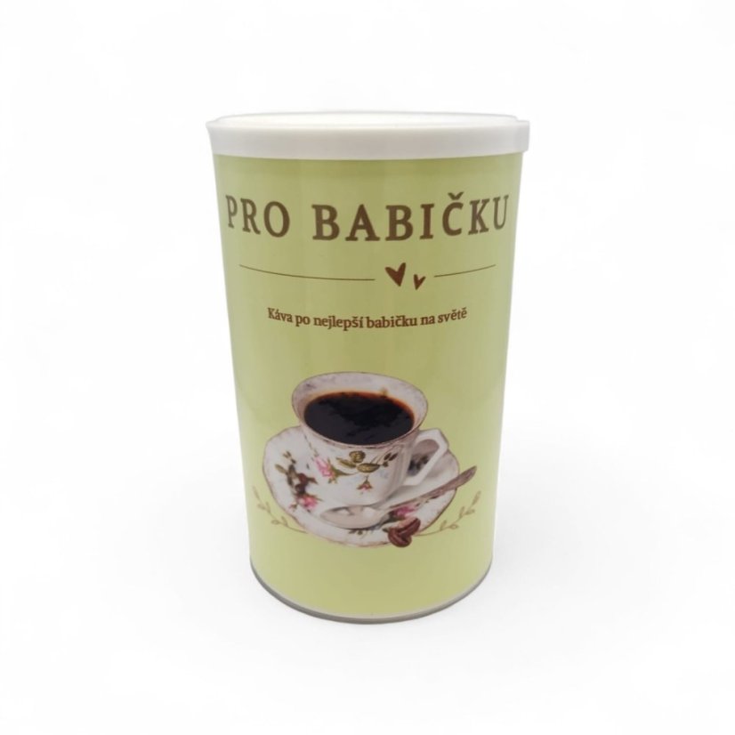 Darčeková káva pre Babičku v béžovom tubuse Haniell s motívom šálky kávy a kávových zŕn na bielom pozadí