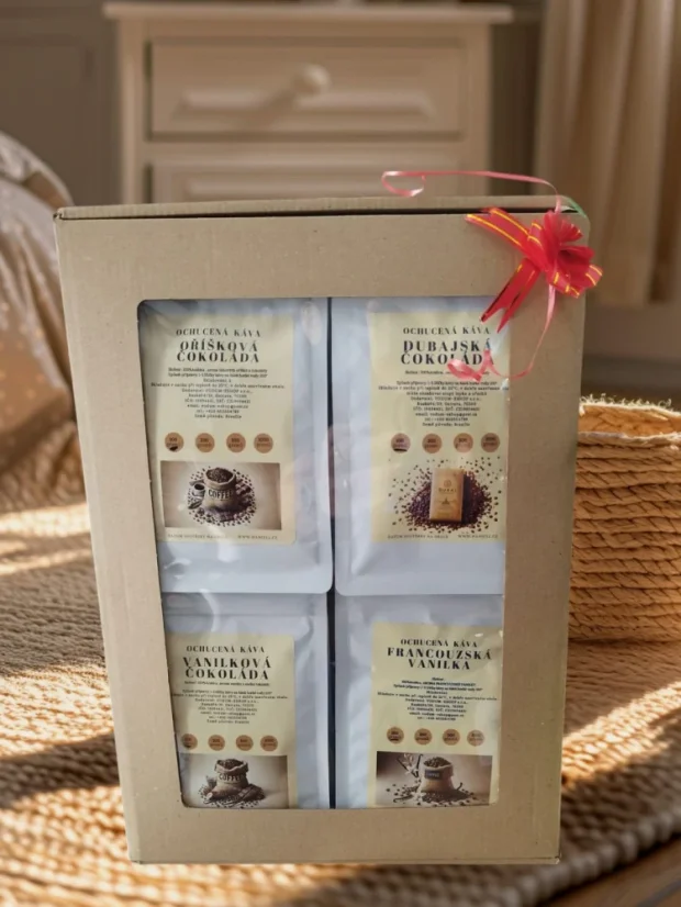 Dárková sada ochucených káv Haniell – Dubajská čokoláda, Oříšek, Vanilková čokoláda a Francouzská vanilka, vánoční dárek pro milovníky kávy